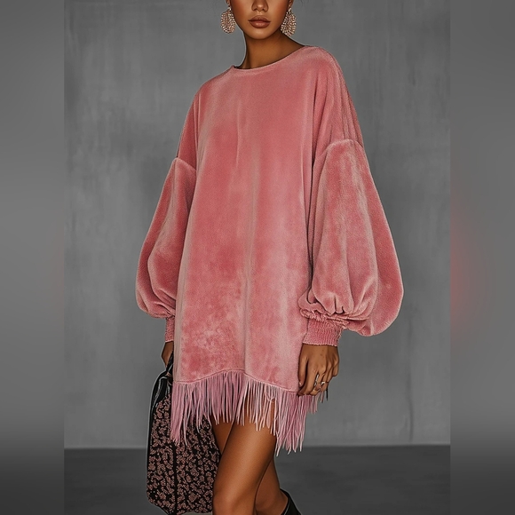 So Lovrie Dresses & Skirts - Velvet Pink Balloon Sleeve Fringe Boho Mini Dress | PRE-ORDER
